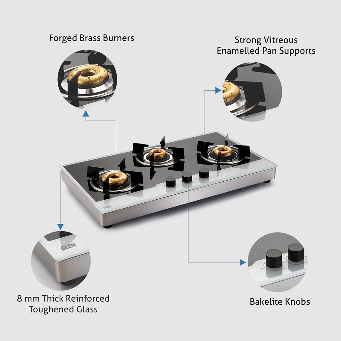 Glen 1073 FB BW AI FFD 3 Forged Brass Burner Glass Gas Hob Free Standing (Flame Failure Device)