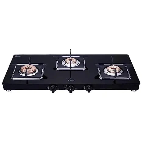 Elica Slimmest 3 Burner Gas Stove with Square Grid and Brass Burner (773 Ct Vetro (Slim Line Spf)), Manual Ignition