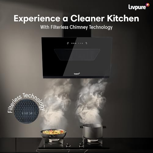 Livpure Emerald-Neo-90 1400 m3/hr Slant |Filterless Auto-Clean Kitchen Chimney with oil collector|10 Year Warranty On Motor (2 Year Comprehensive), (Touch And Gesture Control, Black)