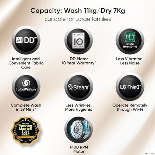LG 11 Kg (Wash) / 7 Kg (Dry), AI Direct Drive Technology, Steam+ & Wi-Fi Front Load Fully Automatic Washer Dryer (FHD1107STB, Intelligent & Convenient Fabric Care, Wrinkle Care, Black Steel)