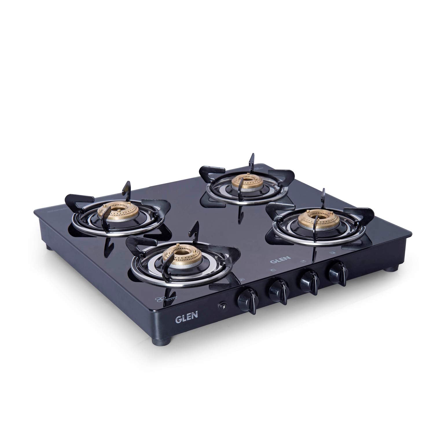Glen 4 Burner LPG 6mm Thick Toughened Glass Top Gas Stove|Brass Burner|ISI Certified|Auto Ignition|Black|Drip Trays|Revolving Inlet Nozzle|2 Year Warranty On Product|CT4B55BLBBAI