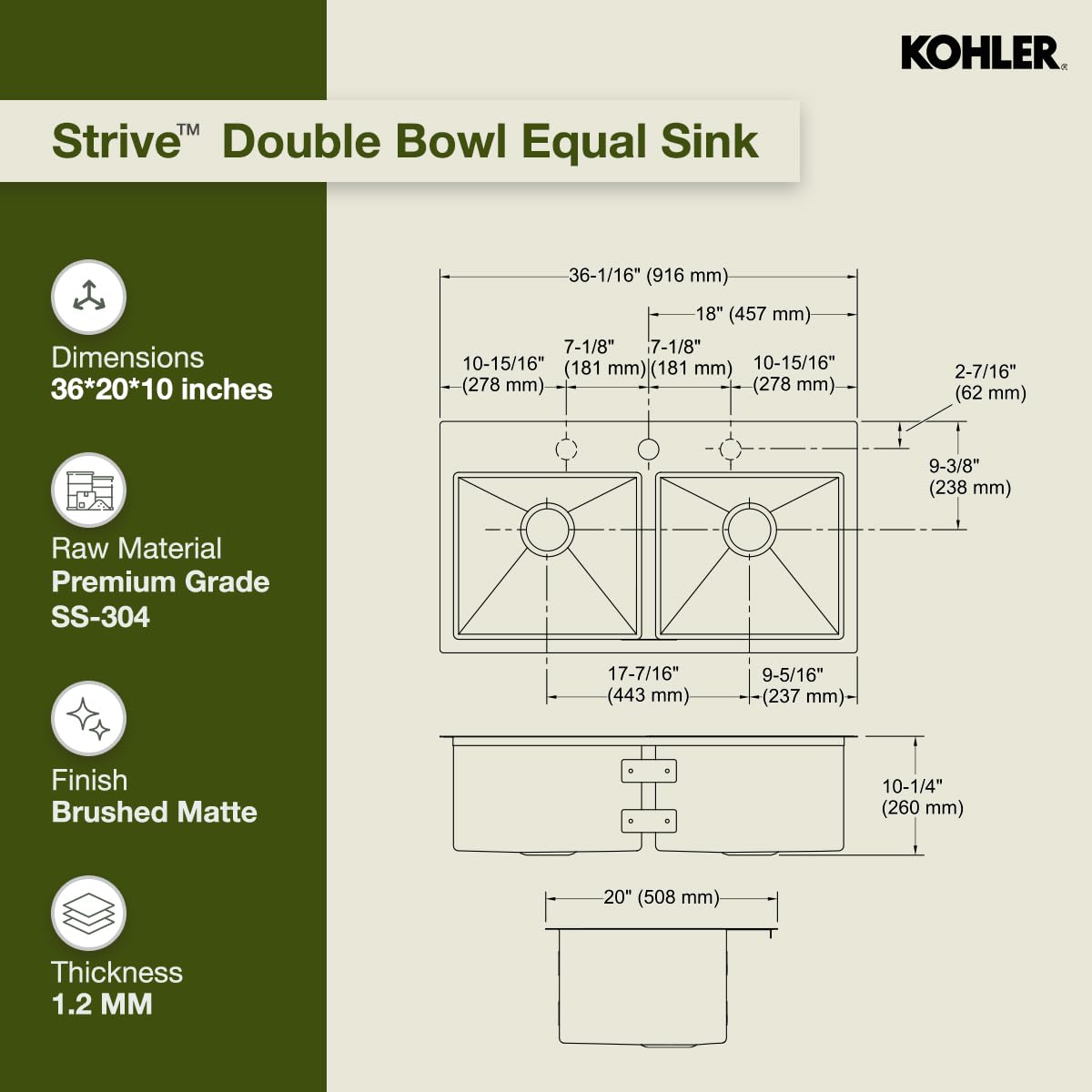 Kohler Strive Kitchen Sink |1.2 mm Thick Stainless Steel Double Equal Bowl with SilentShield™|10" Deep, Round Corners for Easy Cleaning | 36x20x10 inches, Brushed Matte Steel