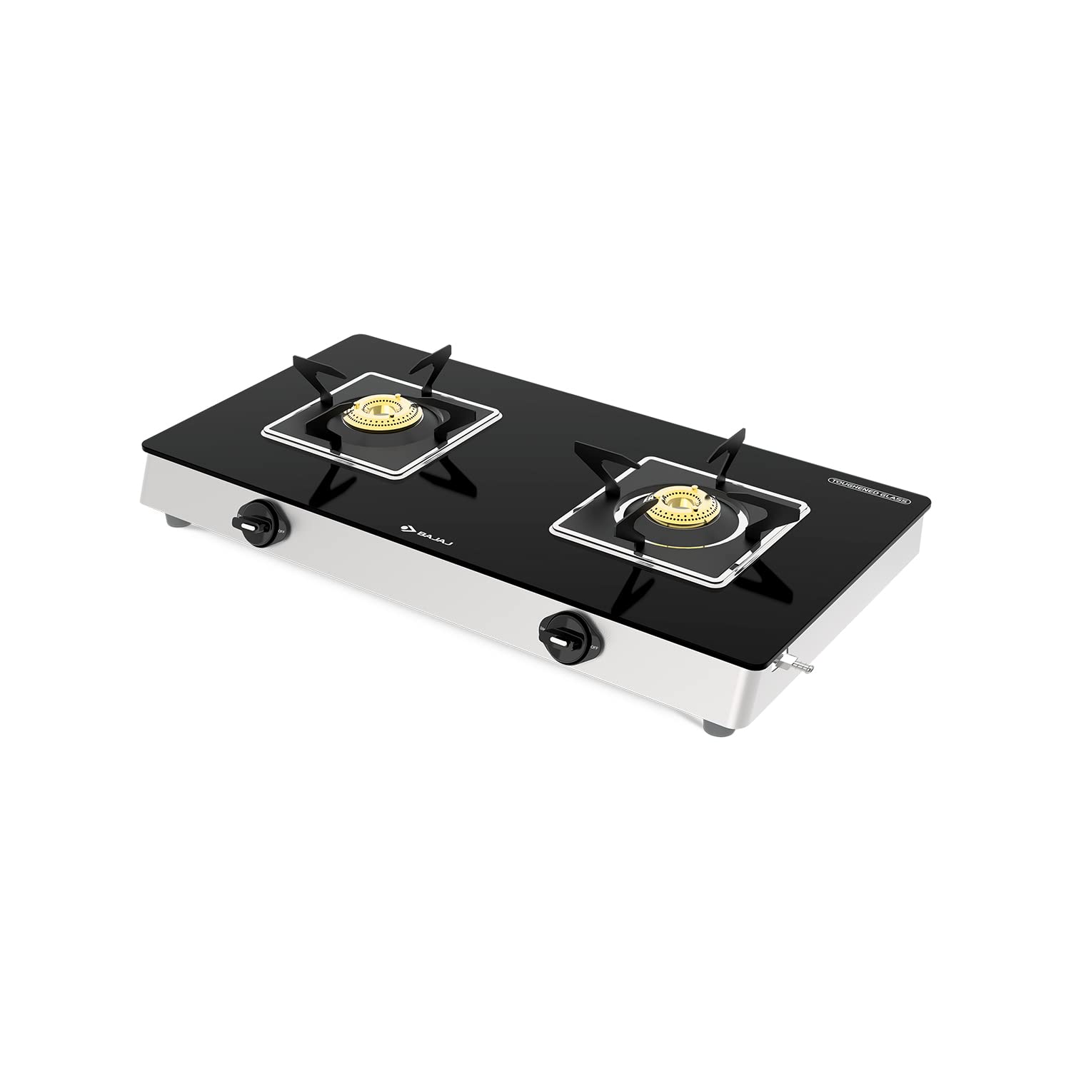 Bajaj 2BRGS7 Stainless Steel Glass Top Gas Stove with 2 Brass Burners, ISI Certified, Black, Regular