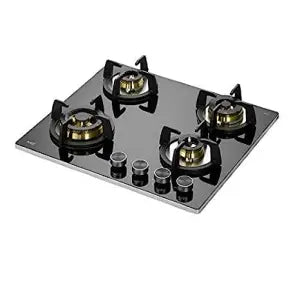 Kaff BLH 604 black glass built-in gas hob with four brass burners and front knobs