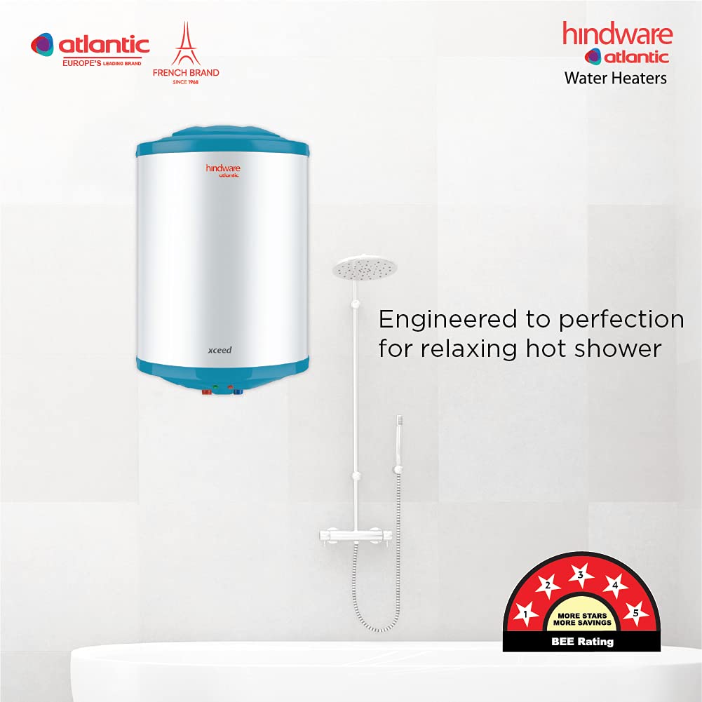 Hindware Atlantic Xceed 25L 5-Star Rated Electric Water Heater With Corrosion Resistant & Highly Durable Glass Lined Tank (White), Wall Mounting