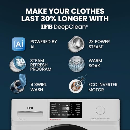 IFB 8 Kg 5 Star with 9 Swirl Wash, AI Powered, Wi-Fi, Fully Automatic Front Load Washing Machine (Senator GXN 8012, Steam Refresh Program with Eco Inverter, Grey)