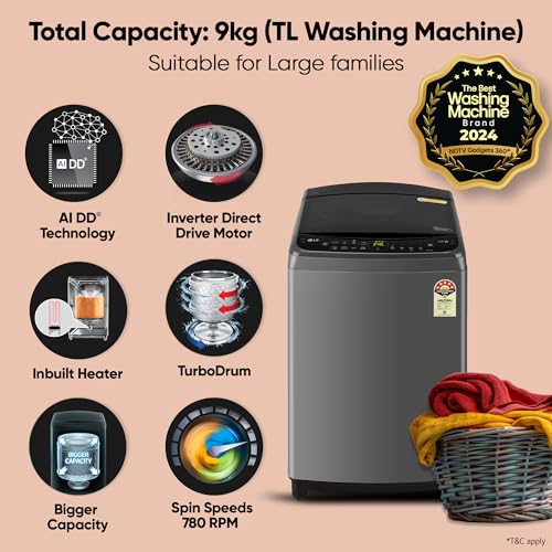 LG 9.0 Kg 5 Star AI Direct Drive Technology, Steam Wash for Allergy Removal Fully Automatic Top Loading Washing Machine (THD09SPM, Middle Black, More Fabric Care & Convenience, In-Built Heate