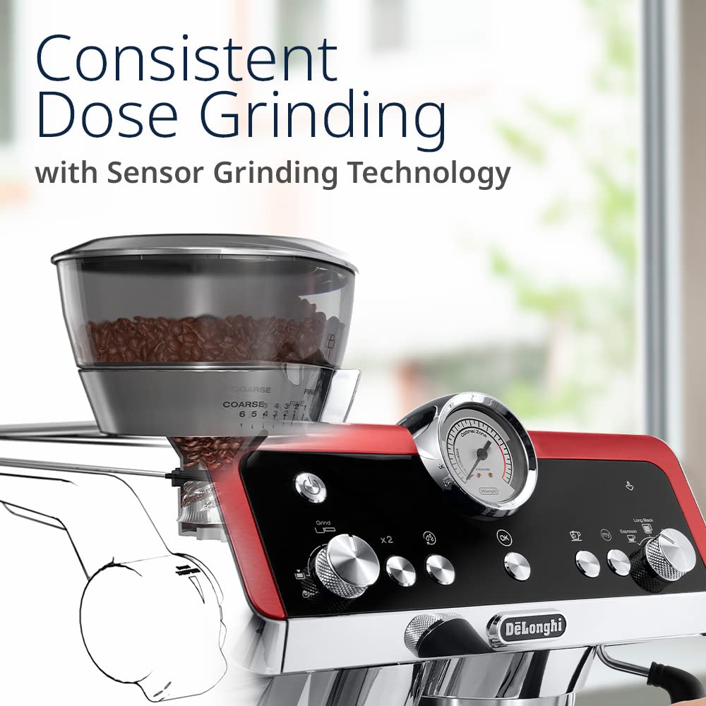 DELONGHI Pump Coffee Machine, 1450W, Integrated Coffee Grinder, EC9335.R(Red)