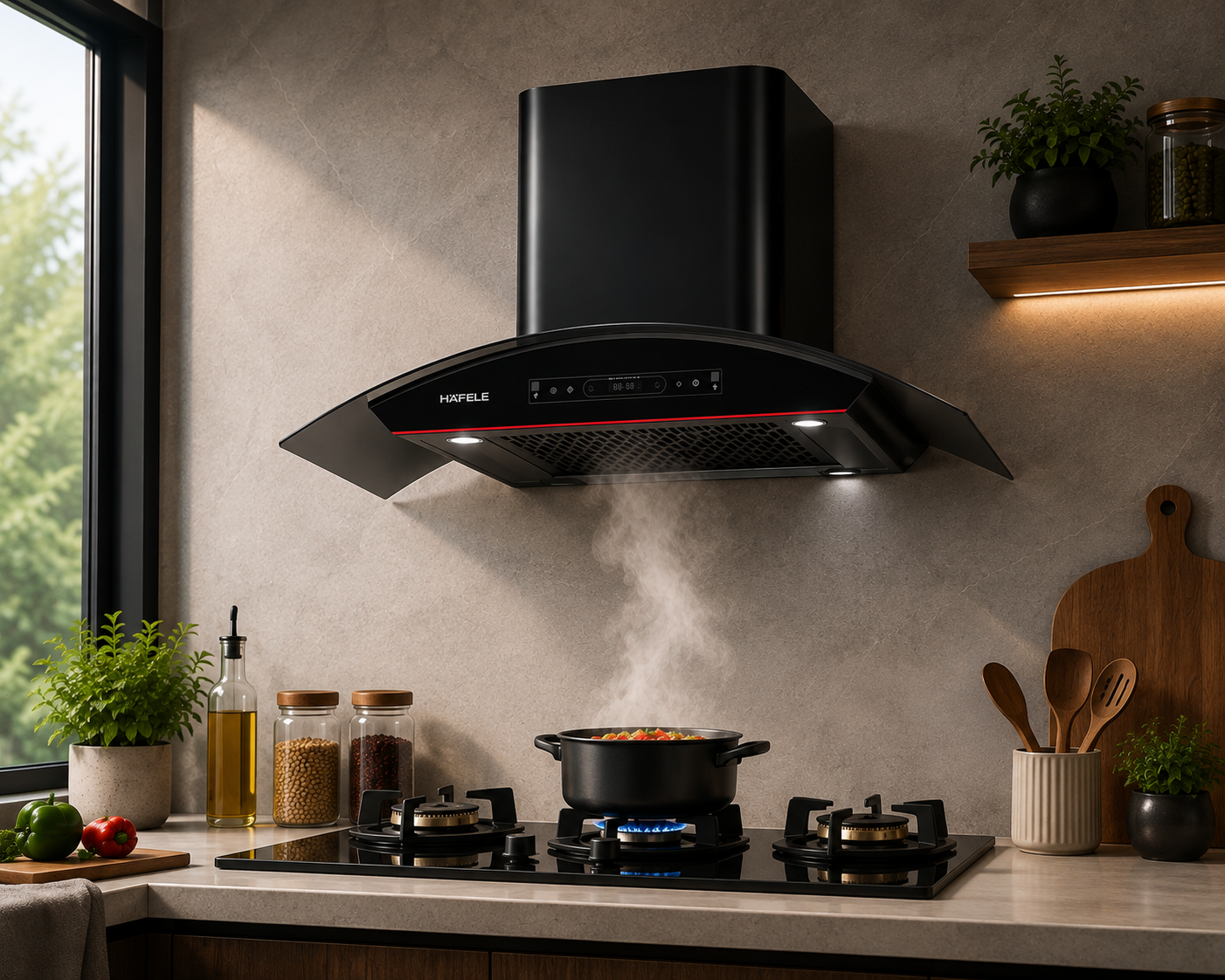 Hafele Renata Curved 90 Filter-Free Auto Clean Chimney | 90cm | Black Curved Glass