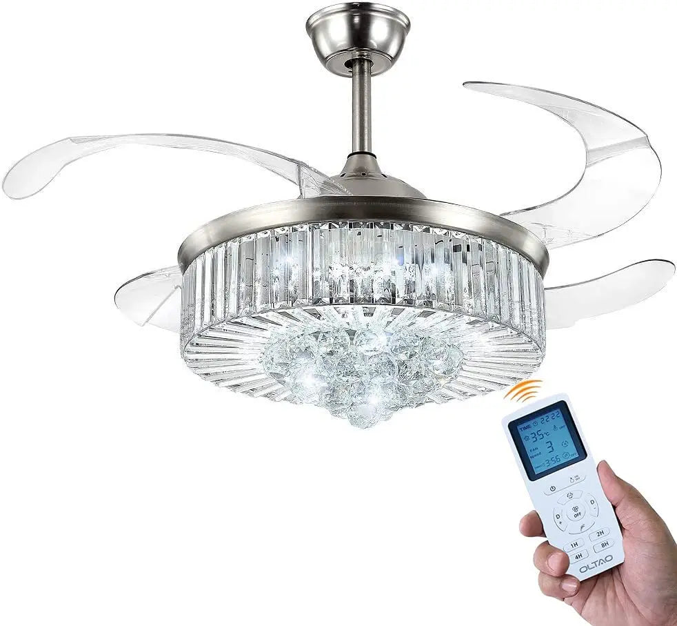 oltao Picola Silver Chandelier Fan with BLDC Motor, LED Light, Noiseless Retractable Blade, Summer/Winter mode And Remote