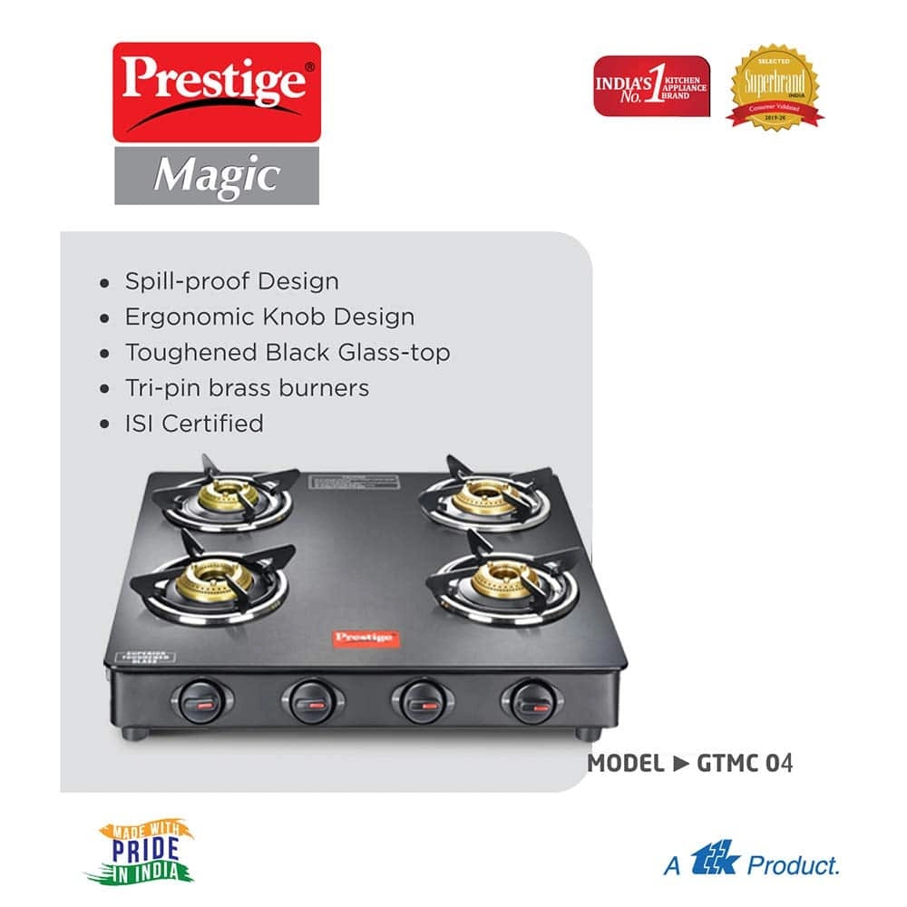 Prestige GTMC 04 SQ 4 Burner Regular Black Gas Stove , ISI Certified