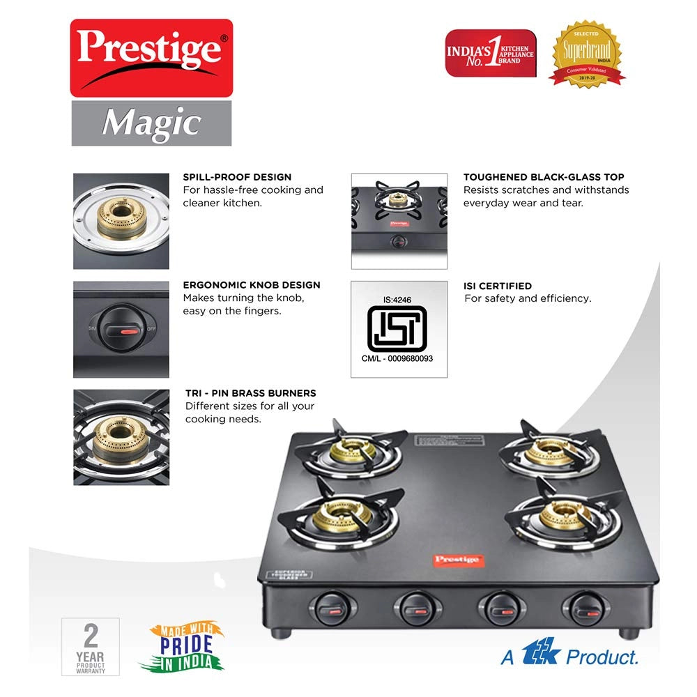 Prestige GTMC 04 SQ 4 Burner Regular Black Gas Stove , ISI Certified
