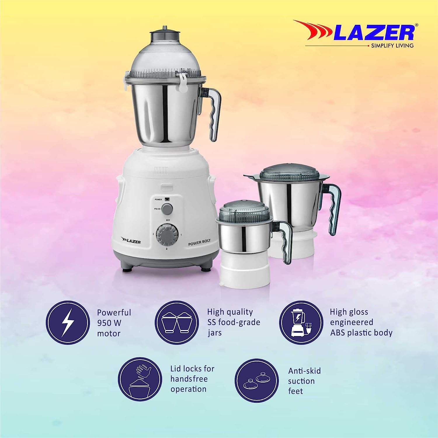 Lazer Power Bolt 3 Jars 950W Mixer Grinder (White)