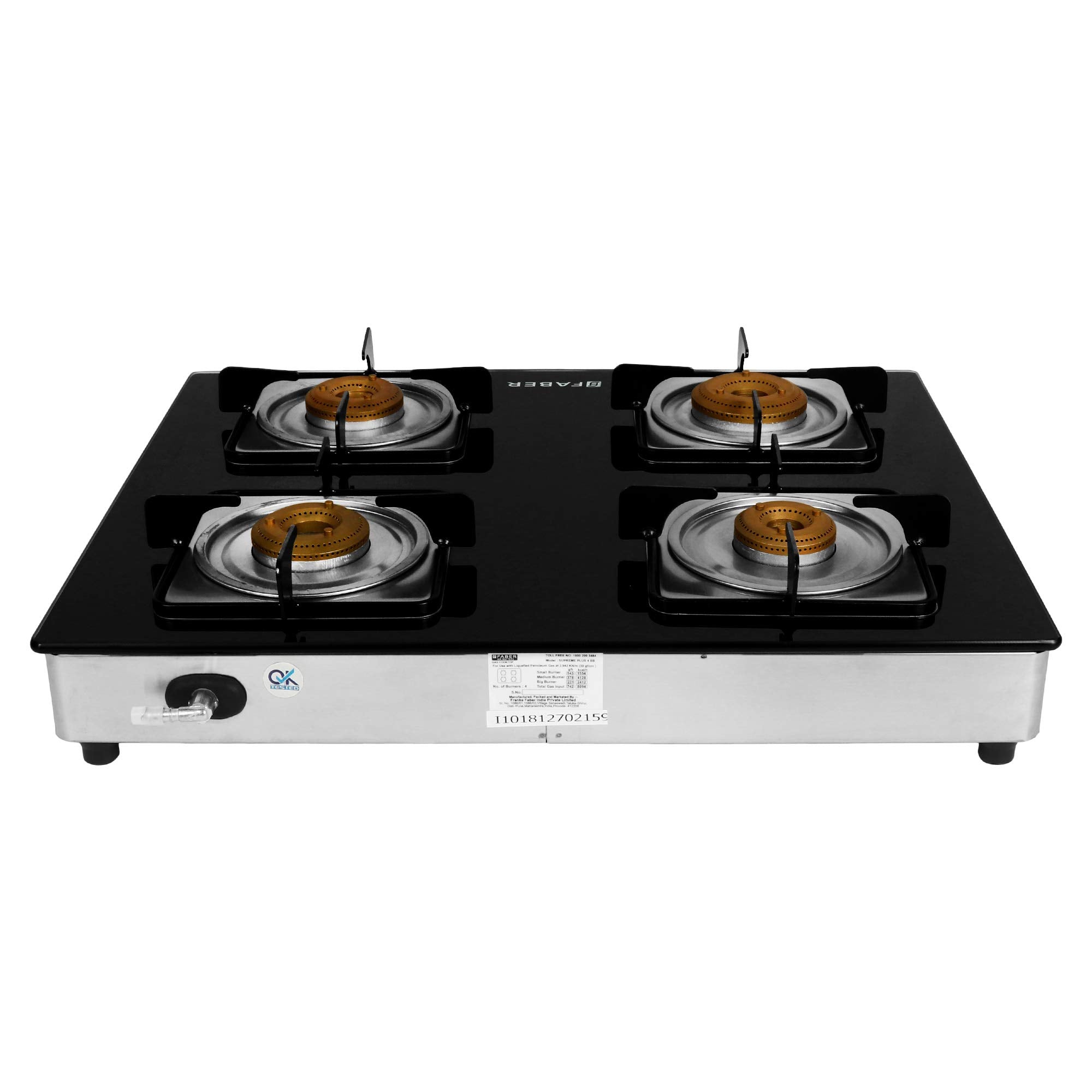Faber Supreme Plus Glass 4 Burner Cooktop, Black (106.0534.545)