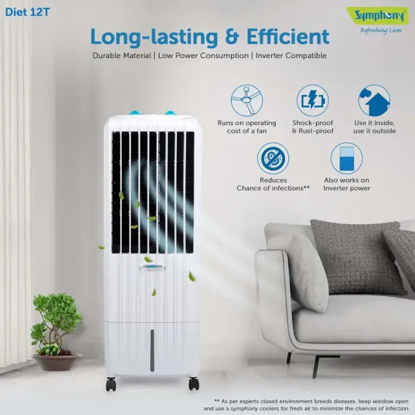 Symphony Diet 12T Personal Tower Air Cooler for Home with Honeycomb Pad, Powerful Blower, i-Pure Technology and Low Power Consumption (12L, White)