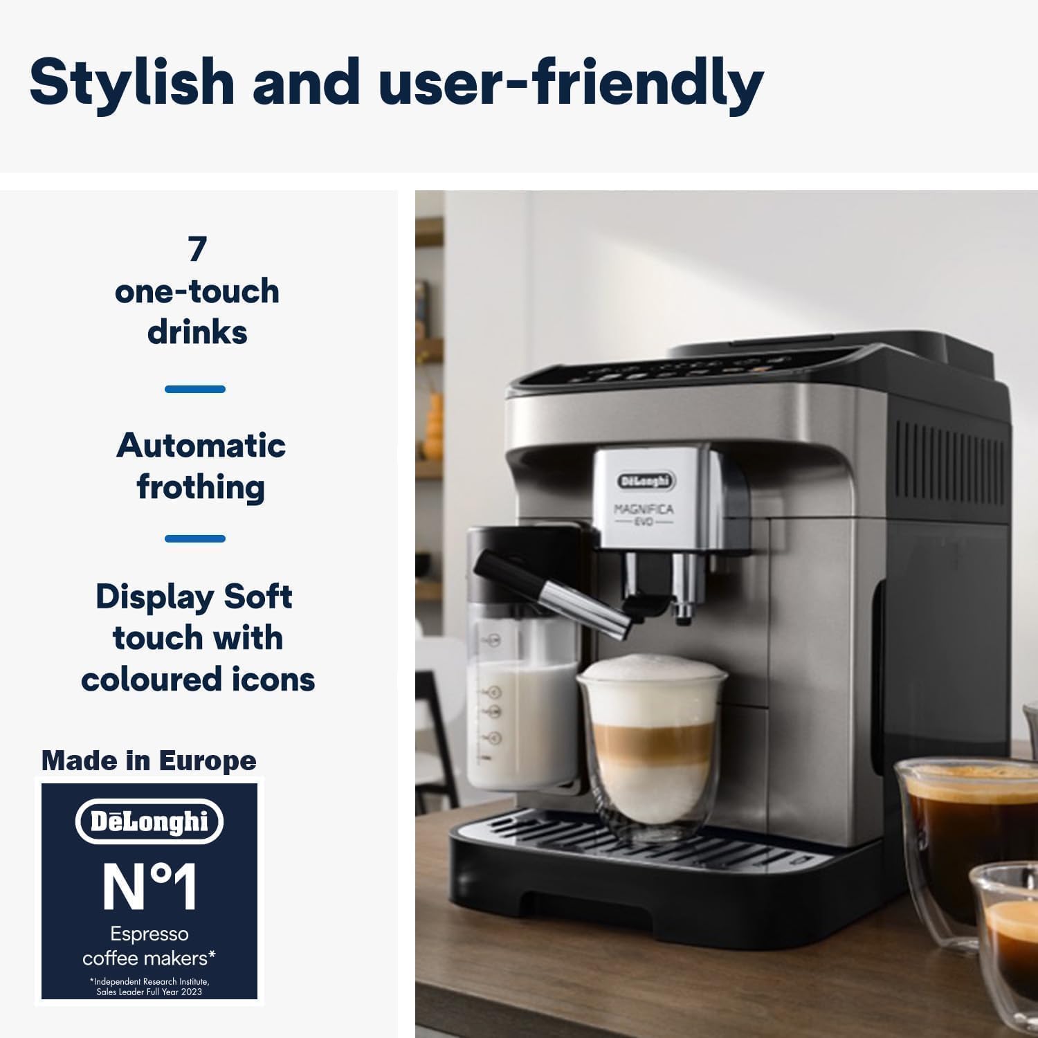 DeLonghi Ecam290.81 Magnifica Evo|Bean To Cup Coffee Machine|7 One-Touch Recipes|15 Bar|1450 W|Demo & Installation (Titanium Black)