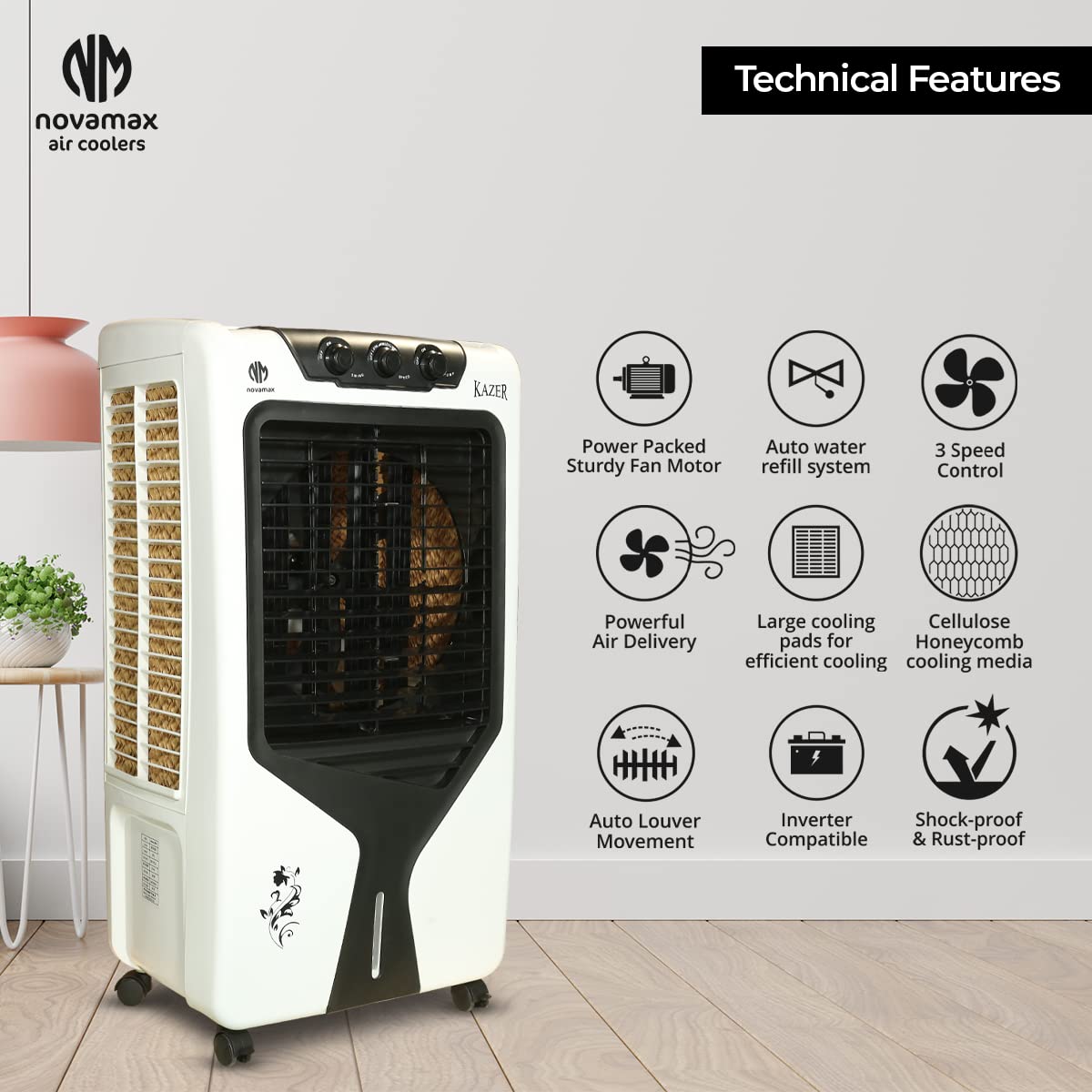 Novamax Kazer 80 L Desert Air Cooler With High Density Honeycomb Cooling Pads, 4-Way Air Deflection, Powerful Air Throw & Ice Chamber (White,Black)