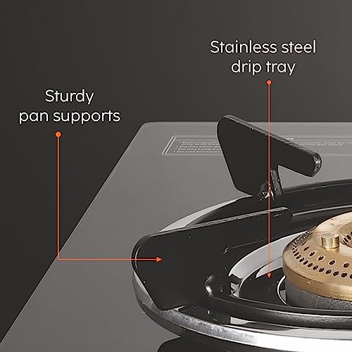 Glen 3 Burner Toughened Glass Top | Black | ISI Certified | Stainless Steel Drip Trays | Anti-Skid Feet | Ergonomic Knobs | 2 Year Warranty | CT3B70BLBB