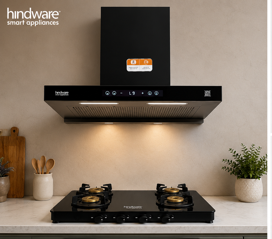 Hindware Darcia BLDC 75 Chimney + Alverio 4 Burner Manual Cooktop Combo