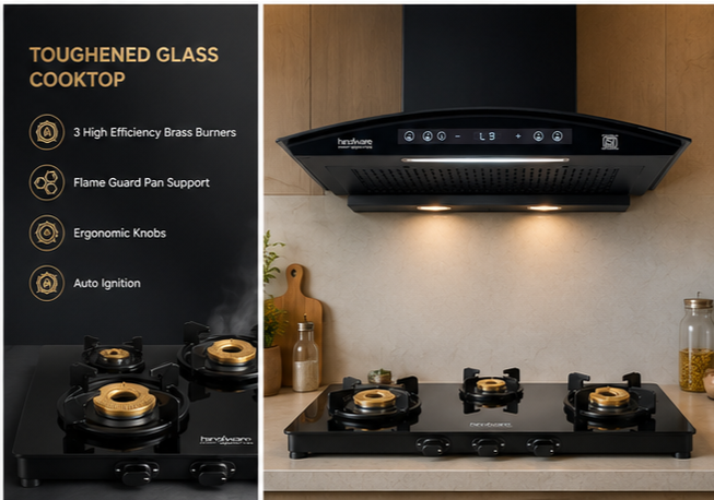 Hindware Divina BLDC 60 Chimney + Alverio 3 Burner Auto Ignition Cooktop Combo
