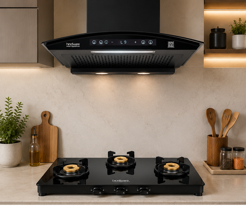 Hindware Divina BLDC 60 Chimney + Alverio 3 Burner Auto Ignition Cooktop Combo