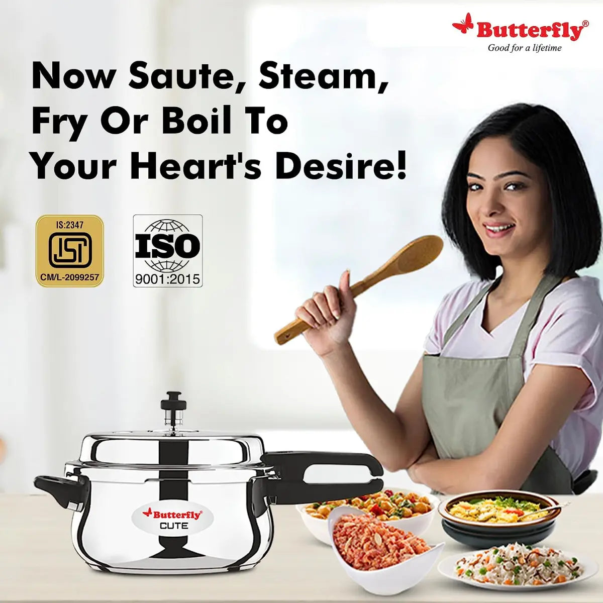 Butterfly Cute SS Induction Compatible Outer Lid Stainless Steel Pressure Cooker with Glass Lid 3 Ltr, Silver