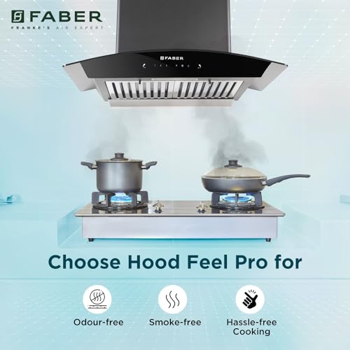 Faber 60 cm 1320 m³/hr Curved Glass Kitchen Chimney | 3 Layer Baffle Filter | Gravity Suction| Touch&Gesture Control | Oil Collector | 12 years warranty on Motor| Hood Feel Pro TC SC BF BK 60