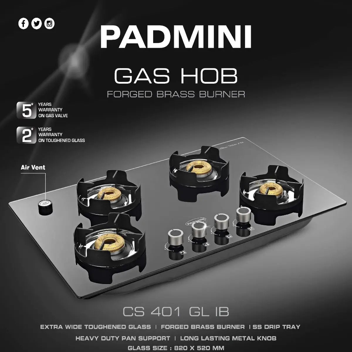 Padmini Gas Stove, 4 Burner, Black (CS-401 GL-IB)