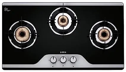 Elica Slimmest 3 Burner Auto Ignition Gas Stove with Double Drip Tray and Forged Brass Burners (773 CT VETRO (TKN CROWN DT AI)