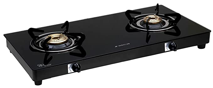 Elica Vetro Glass Top 2 Burner Gas Stove (662 Ct Vetro Blk) - Manual Ignition, Black