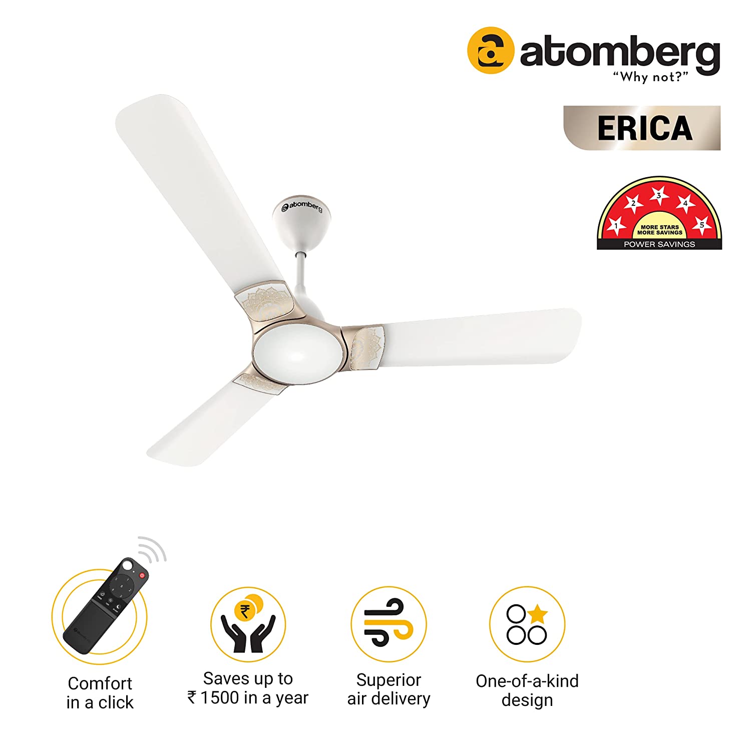 atomberg Erica 1200mm BLDC Ceiling Fans Snow White
