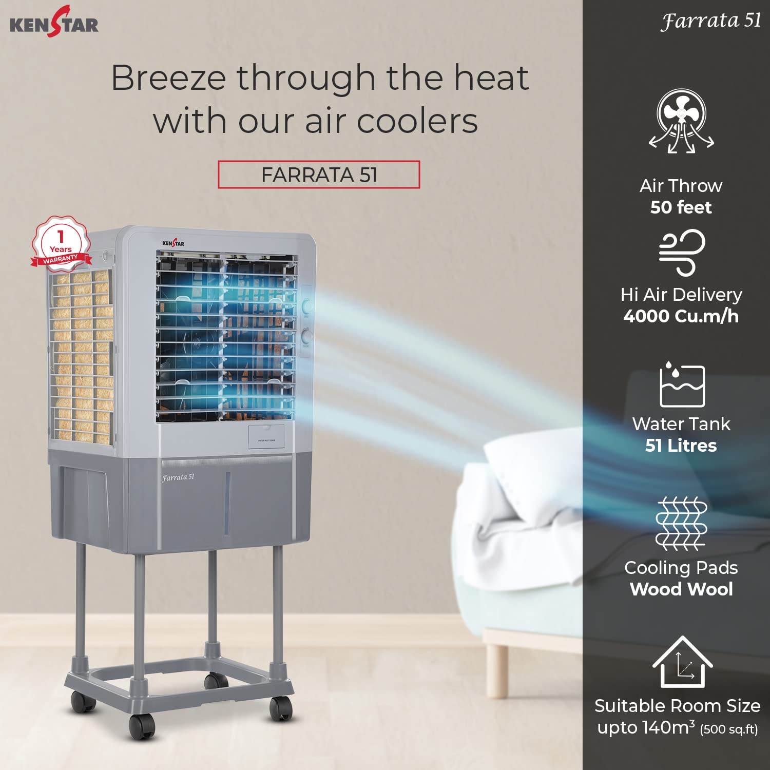 Kenstar Farrata 51 Trolley Desert Air Cooler Dark Grey