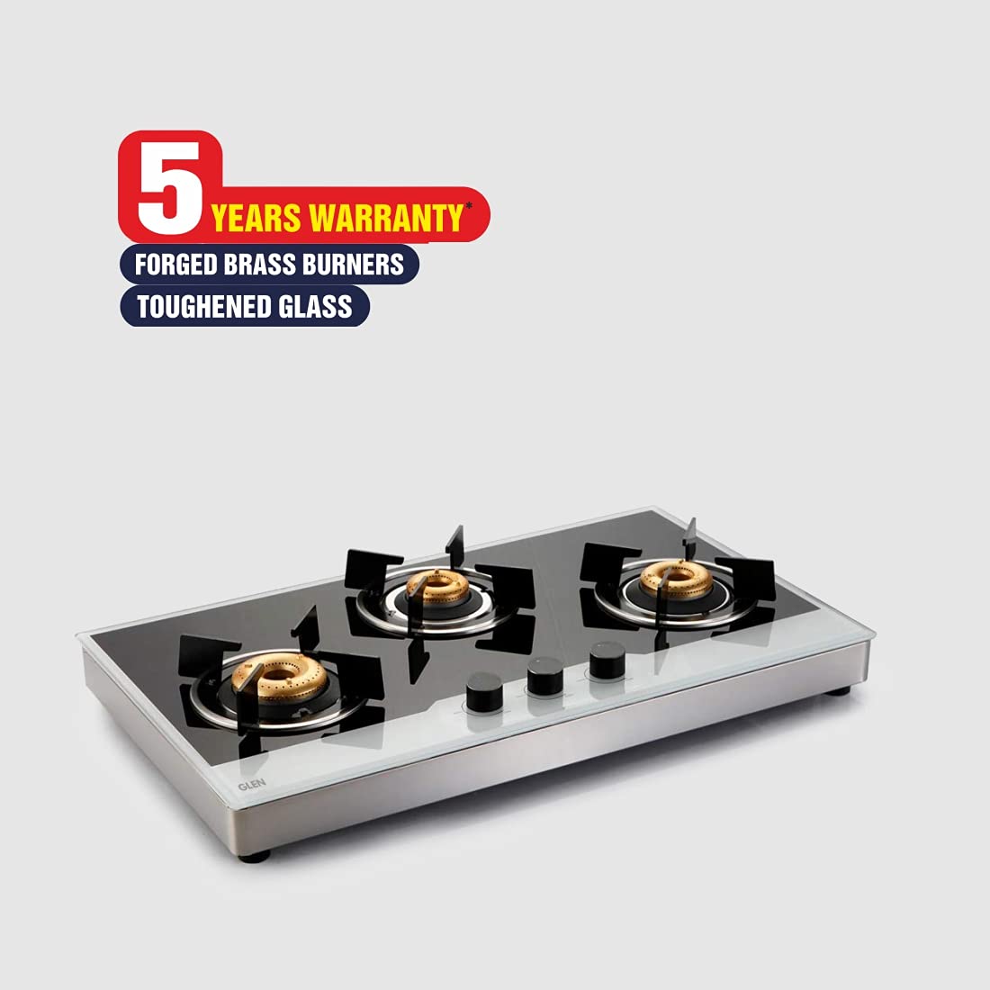 Glen 1073 FB BW AI FFD 3 Forged Brass Burner Glass Gas Hob Free Standing (Flame Failure Device)