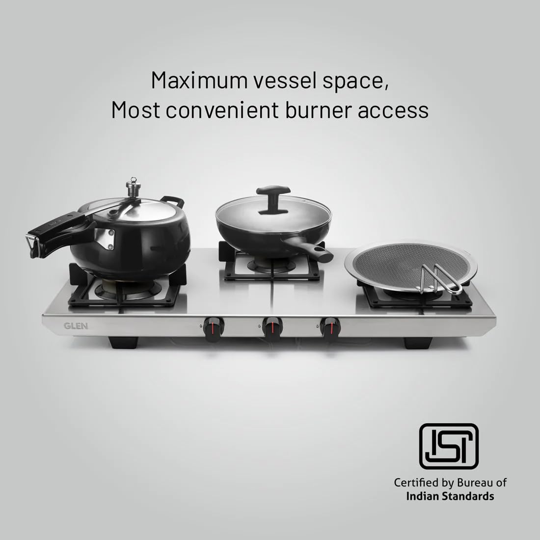 Glen 3 Burner Ultra Tuff Stainless Steel Gas Stove |Silver| Forged Brass Burner With 5 Year Warranty| ISI Certified|Revolving Inlet Nozzle| 2 Year Warranty On Product | (CT1053UTSS73)