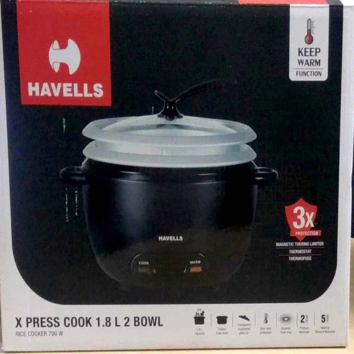 Havells Xpress Cook Aluminium 1.8 L 2 Bowl Rice Cooker (Black)