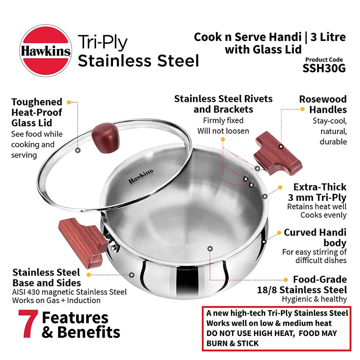 Hawkins Handi With Glass Lid tri-ply stainless steel 3Ltr(Silver)