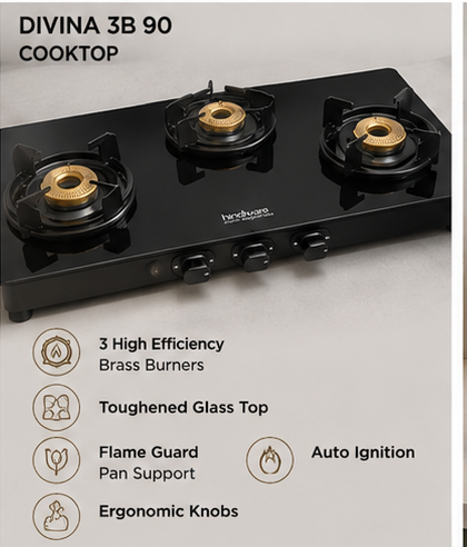 Hindware Divina BLDC 60 Chimney + Alverio 3 Burner Auto Ignition Cooktop Combo