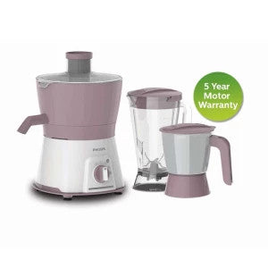 Philips HL7577/00 Viva Collection juicer in mauve and white with blender jar, chutney jar and 5 year motor warranty badge