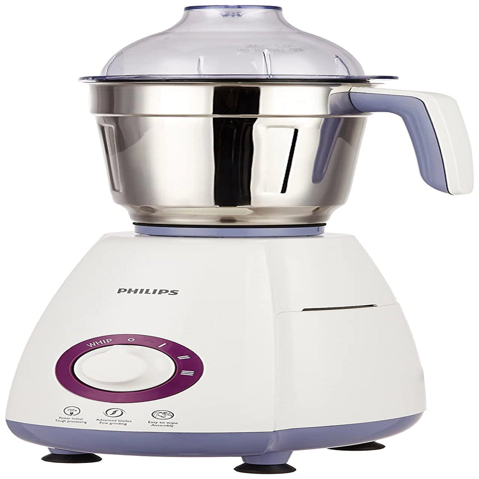 Close front view of Philips HL7701/00 mixer grinder showing the speed knob and 750 W power motor label