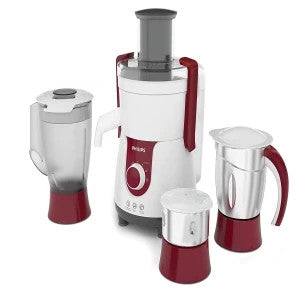 Philips juicer mixer grinder in red and white with juicer and three jars (shows a different colour from the HL7576/00)