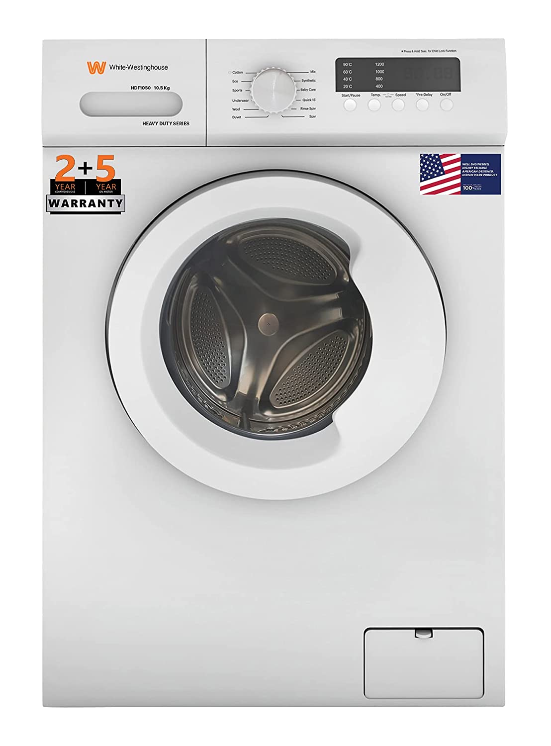 White Westinghouse 10.5kg Ultra Smart dry Fully Automatic Front Load with In-Built Heater Washing Machine, Large (HDF1050/ WHITE/In Built Heater)