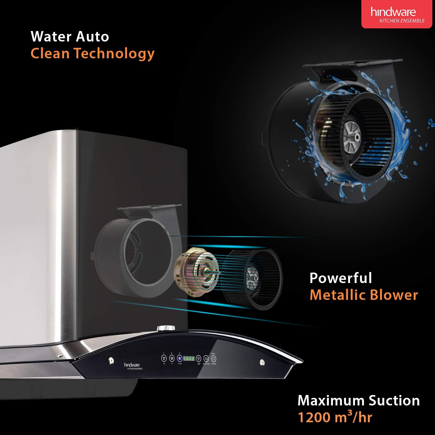 Hindware 60cm 1200 m3/hr Auto Clean Chimney (Cleo 60, 1 Baffle Filter, Steel/Grey)