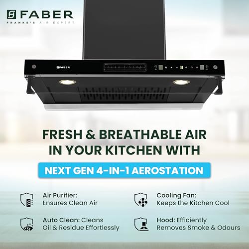 Faber 4in1 1325 m³/hr Filterless Autoclean 75cm Chimney|Air Purifier+Fan|Touch & Gesture Control|T-Shape|12Yr on Motor, 5Yr Comprehensive Warranty by Faber|HOOD AEROSTATION ELITE FL HC TC BK