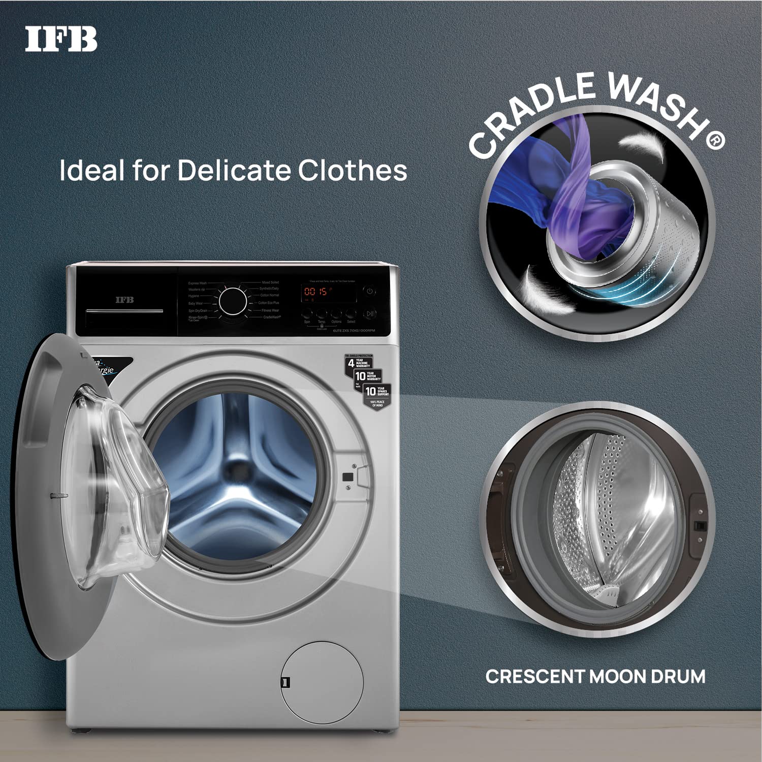 IFB 7 Kg 5 Star Fully-Automatic Front Loading Washing Machine (ELITE ZXS, Silver, In-Built Heater, 3D Wash technology)