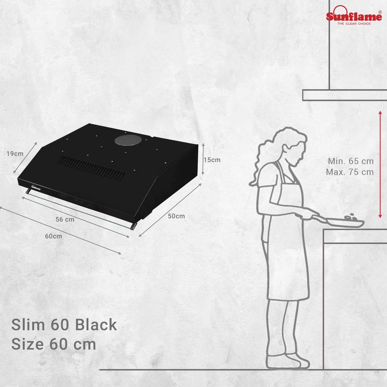 Sunflame SLIM 60 BK CF, 60 cm, 500 m??/hr Chimney (Cassette Filter, Sliding Controls, Black Powder-Coated Finish)