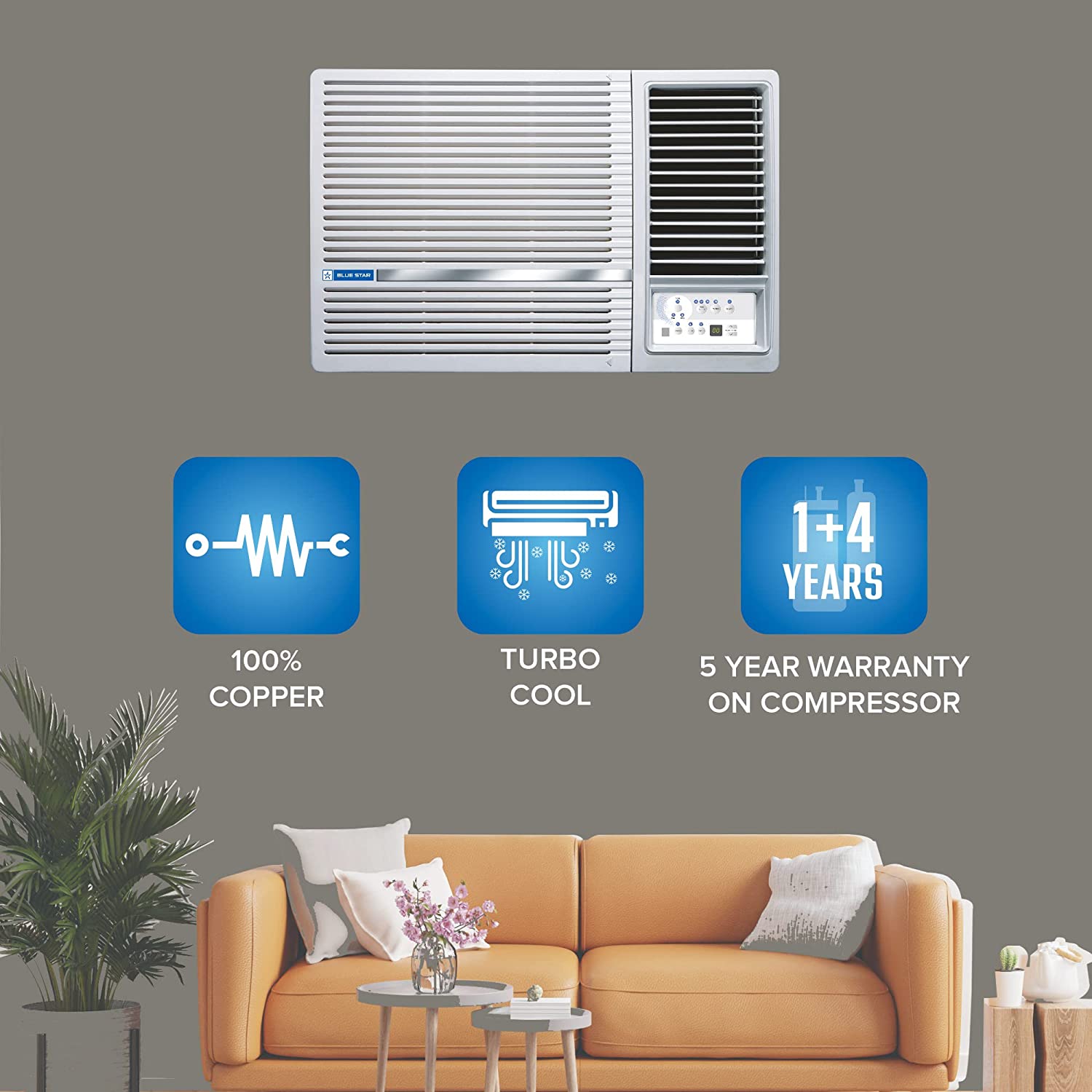 Blue Star 1 Ton 5 Star Fixed Speed Window AC (Copper, Turbo Cool, Humidity Control, Fan Modes-Auto/High/Medium/Low, Hydrophilic Blue Fins, Dust Filters, Self-Diagnosis, 2023 Model, WFA512LN, White)