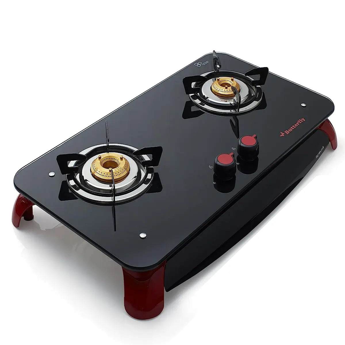 Butterfly Signature+ 2 Burner Glass Top Stove, Black/Red