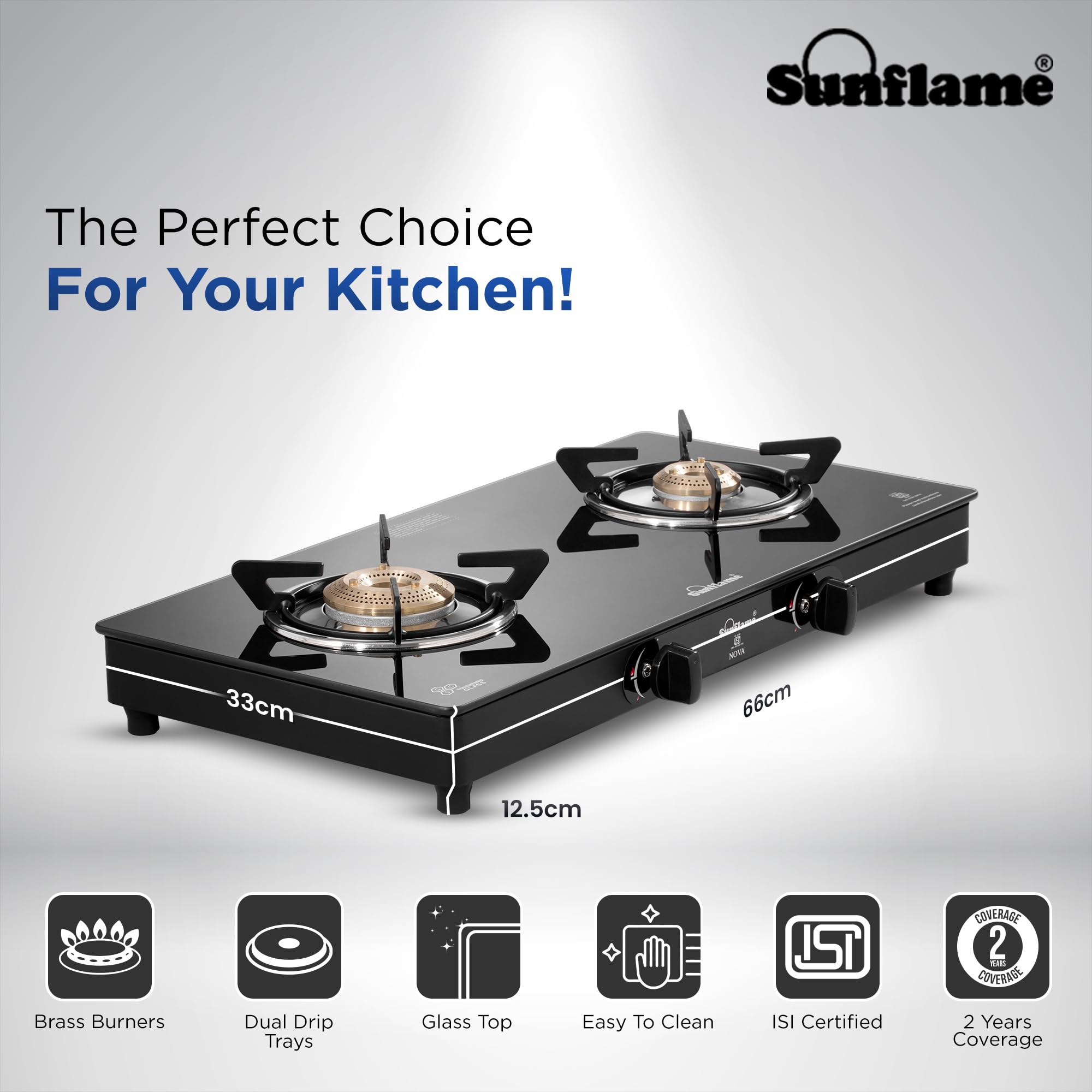 Sunflame Crystal Nova 2 Burner Gas Stove | Dual Drip Trays | 1 Jumbo and 1 Small Brass Burners | 2 Years Product Coverage by Sunflame | Manual Ignition | Toughened Glass Top