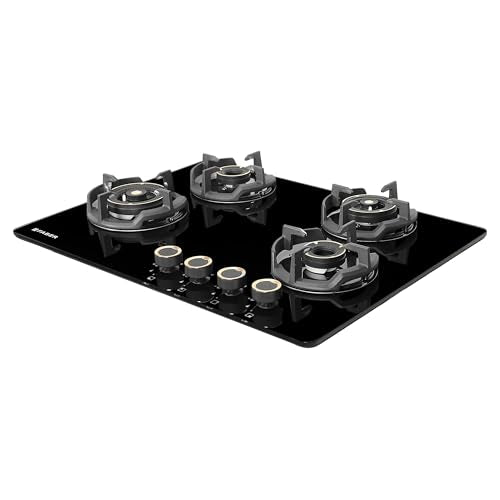 Faber 70cm 4 Burner Hob | Auto Electric | Built-In or Hobtop | Brass Burners | Cast Iron Pan Support | Glass Finish | Metal Knobs | Warranty 5 Years on Glass and Valves | HOB EXPERIA HT704 AL