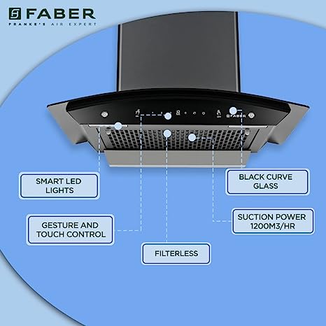 Faber 60 cm 1200 m³/hr Auto-Clean curved glass Kitchen Chimney (Hood Polo HC SC FL BK 60), Filterless technology, Touch & Gesture Control, Black)